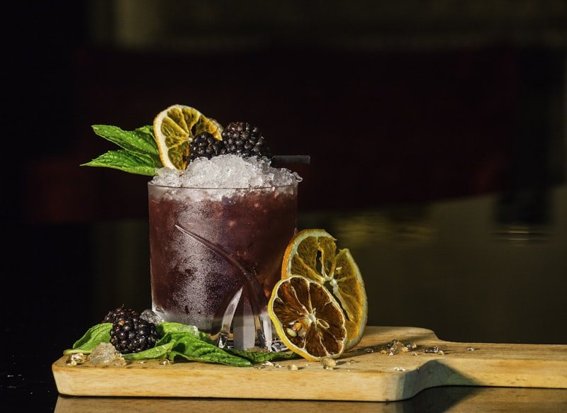 Blackberry cocktail with dried citrus at the Flowers bar